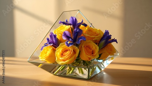 Bright yellow roses and purple irises in a clear geometric vase create a joyful, sunny mood.