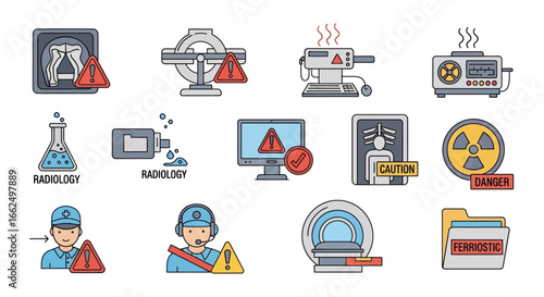 Radiology safety icon set featuring warning signs, medical equipment, and radiation hazards