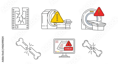 Medical Error Vector Icon Set: Broken Bones, Bad X-Rays, Equipment Failure Warning