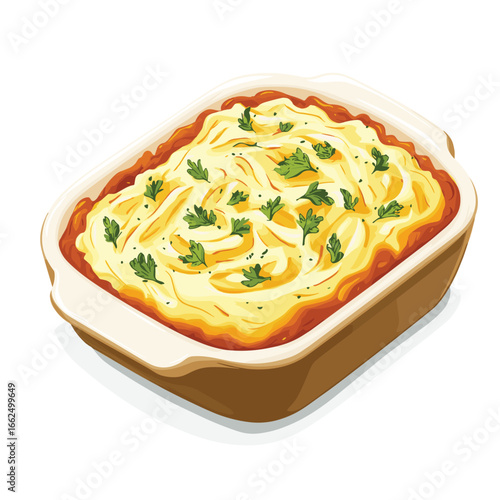 flat vector of a shepherd's pie with golden mashed potato topping in a tray, warm comfort food