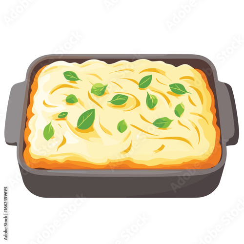flat vector of a shepherd's pie with golden mashed potato topping in a tray, warm comfort food
