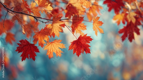 Colorful Autumn Maple Leaves Hanging on Tree Branch with Blurred Background