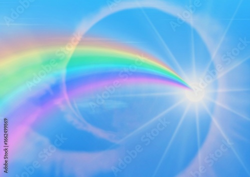 Fototapeta Naklejka Na Ścianę i Meble -  青空と抽象的な虹と太陽の3dイラスト