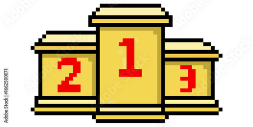 Pixel winner podium vector for competition, awards, and sports. Useful for celebrating success in a retro, 8-bit style, perfect for games and online leaderboards.