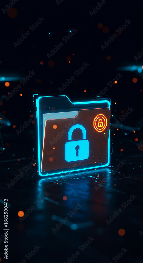 Naklejka premium Digital Fortress: Neon folder with glowing lock, symbolizing data security.