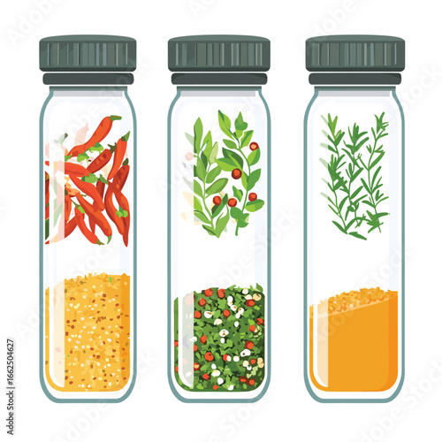flat vector of a spice jar set with herbs and chili flakes, kitchen condiment concept