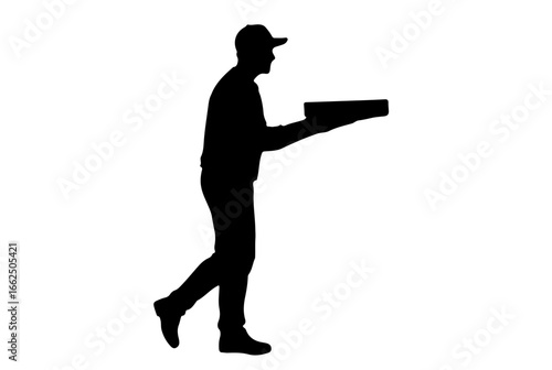 Silhouette of pizza delivery man holding box.