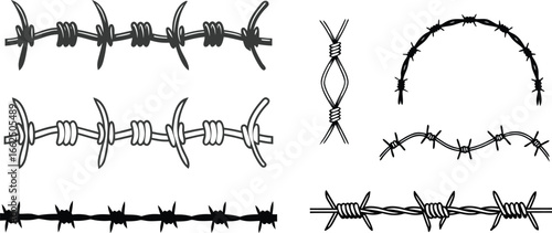 Collection of barbed wire elements, vector illustration of security and defense objects.