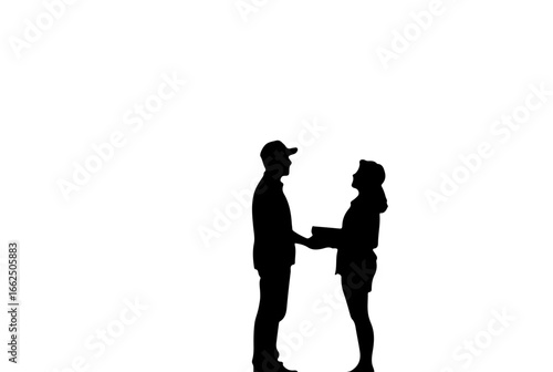 Silhouette of a delivery man delivering a product to a customer.