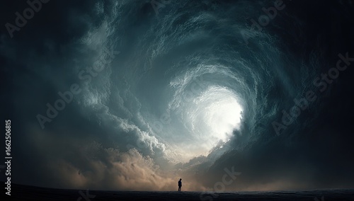 A lone figure faces a swirling vortex of ominous clouds