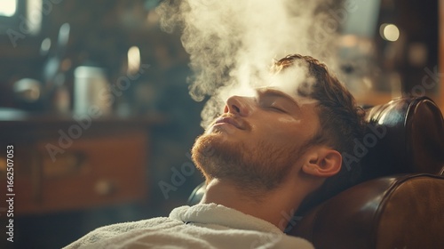 Relaxed man receiving hot towel treatment in barbershop