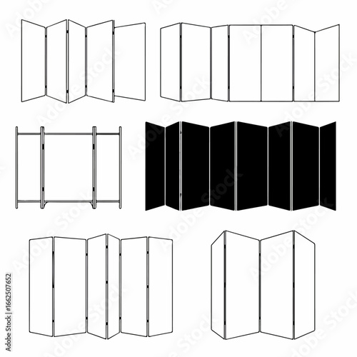 Collection of foldable room dividers and screen panels, shown in outline and silhouette variations for interior design concepts.