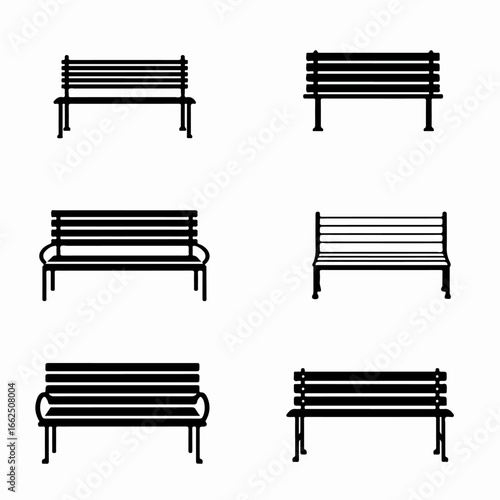 Collection of Six Black Park Bench Silhouettes, Illustrating Diverse Designs of Outdoor Seating Icons for Public Spaces and Gardens.