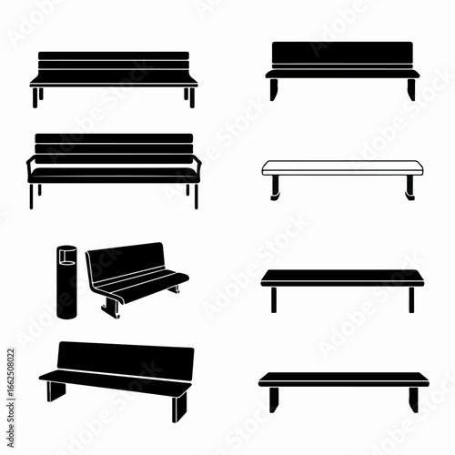 Collection of diverse black silhouette park benches and public seating icons, with one trash can, on a clean white background.