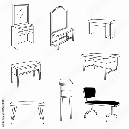 Collection of hand-drawn line art illustrations depicting various furniture pieces like benches, tables, and a vanity, suitable for interior design concepts.