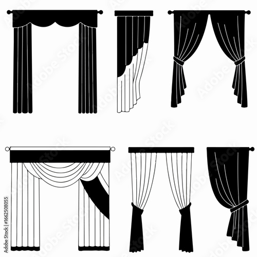 Collection of Silhouette Curtain and Drape Styles with Various Valances and Tie-Backs