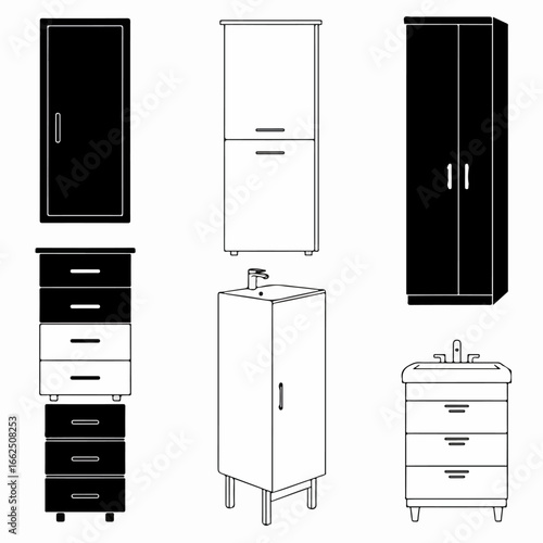 Set of diverse furniture icons: cabinets, drawers, and bathroom vanities, presented in a clean black and white vector style.