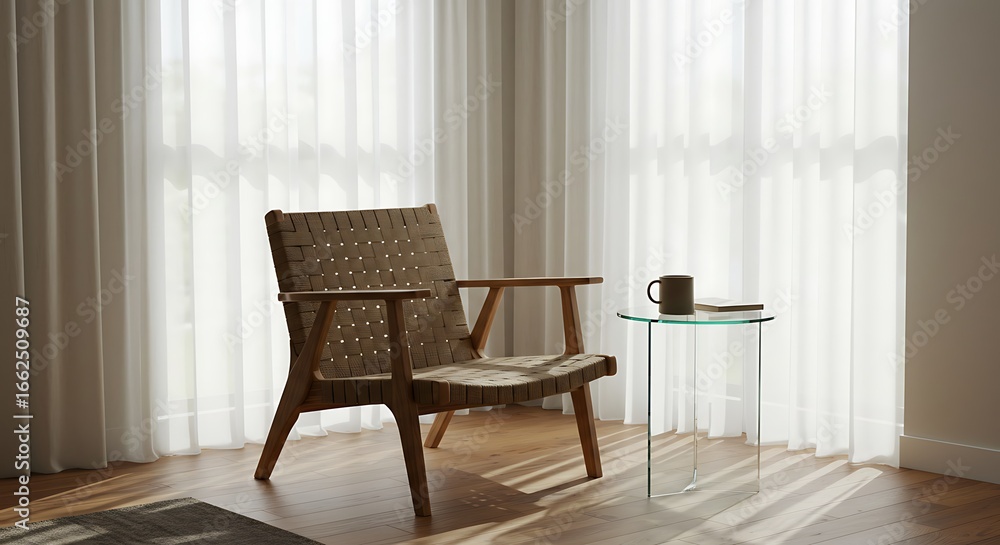 Fototapeta premium Modern Interior with Woven Chair, Glass Table, Coffee Cup, and Curtains