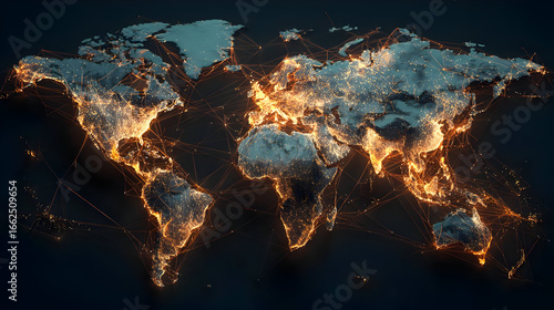 Glowing World Map at Night Illuminated Cities and Connections