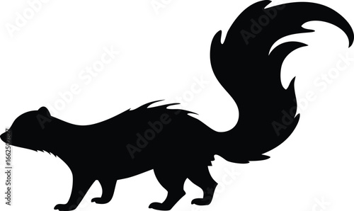 Silhouette of a skunk with its tail raised against a white background