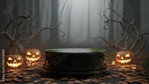 Mysterious Halloween forest product display podium with glowing pumpkins spooky