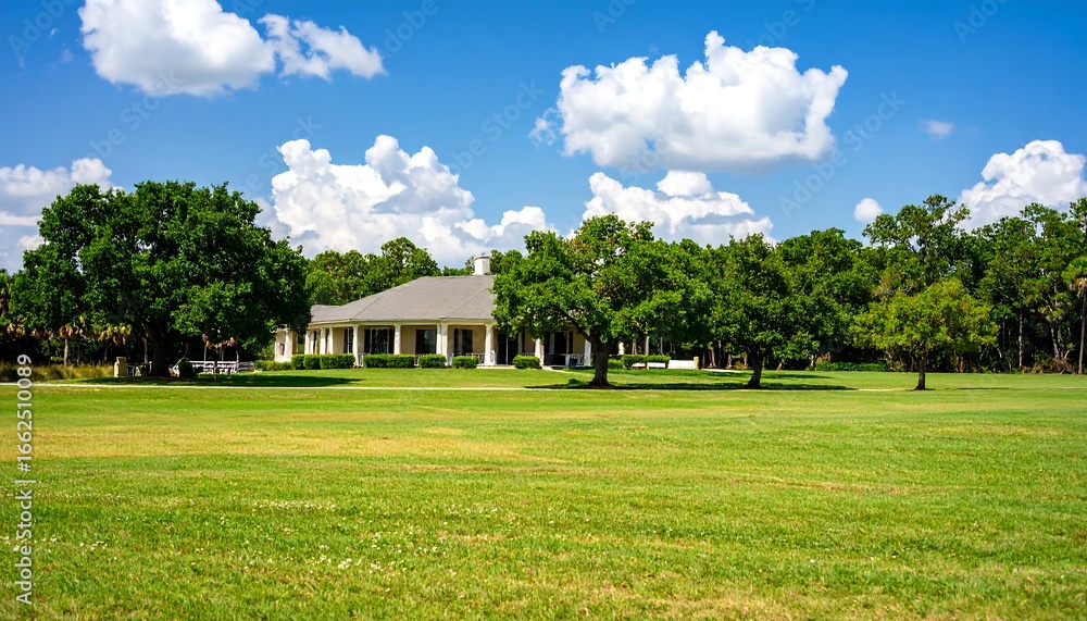 Naklejka premium Spacious house in a sunny grassy field