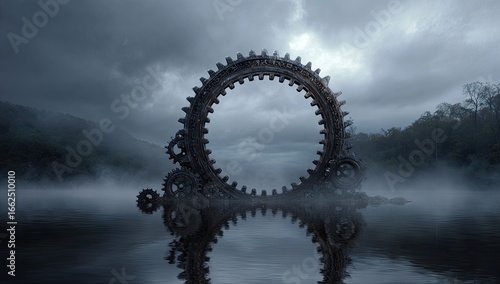 Rusty gears form a circular portal over a misty lake