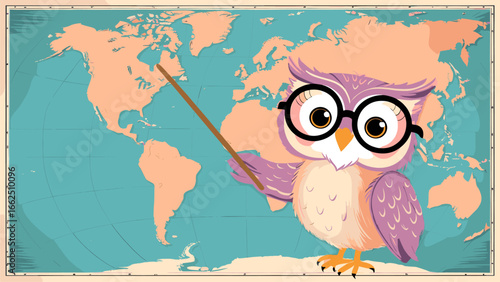 Wise Cartoon Owl with Glasses Points at World Map. Geography, Education & Global Learning Concept.