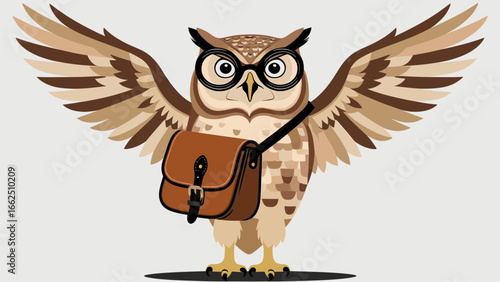 Smart Owl with Glasses and Satchel Spreading Wings. Symbol of Wisdom, Education, and Knowledge