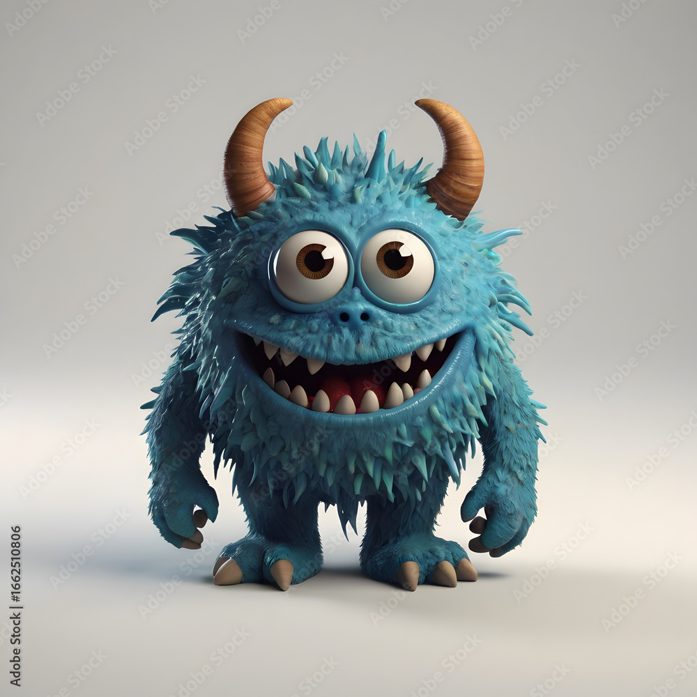 Fototapeta premium Adorable Blue Monster with Googly Eyes and Horns Stands on a White Background Smiling Widely