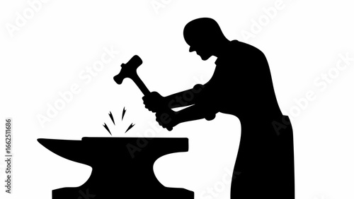 Silhouette of a blacksmith striking metal on an anvil with a hammer creating sparks in a workshop area