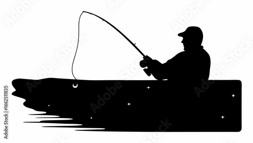 Silhouette of a man fishing with a fishing rod in the water with stars in the background design is black