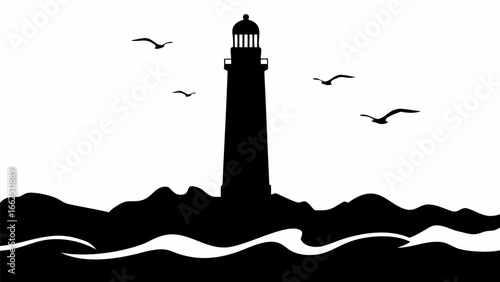 Silhouette of a lighthouse on a rocky shore with birds flying above the ocean in black and white style