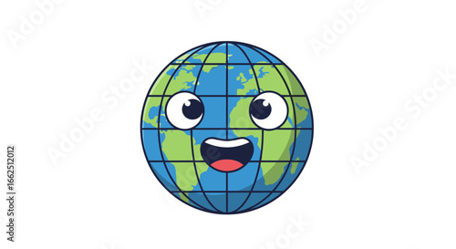 A cheerful cartoon earth character with big eyes and a wide smile expressing joy and enthusiasm for our planet