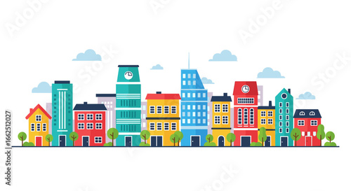 Vibrant cityscape panorama featuring diverse modern buildings and lush green trees under a blue sky with clouds