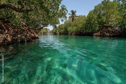 Tranquil mangrove waterway, crystal-clear turquoise water