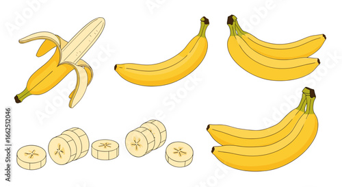 A collection of ripe yellow bananas displayed in various forms showing a peeled banana sliced bananas and bunches of bananas