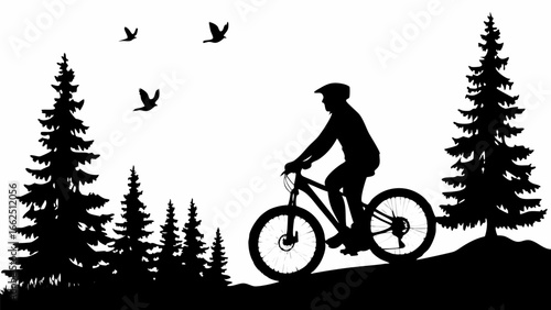 Silhouette of a cyclist riding a mountain bike through a forest with birds flying in the sky above trees