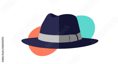 Stylish dark blue fedora hat with grey band and colorful circles behind it