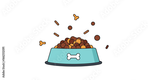 A playful illustration of a dog bowl overflowing with kibble and treats raining down from above