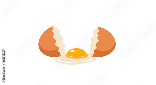 A broken egg with its yolk and white spilling out onto a white background symbolizing freshness and natural ingredients for cooking and baking recipes