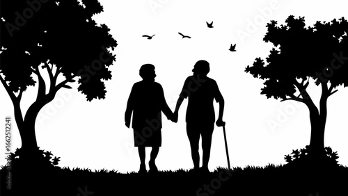Silhouette of elderly couple holding hands walking in a park with trees and birds flying above them