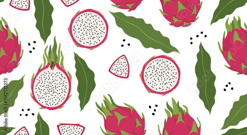 Vibrant tropical dragon fruit pattern with fresh green leaves and seeds for summer refreshment
