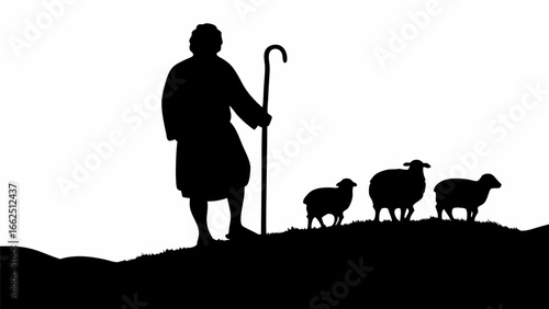 Silhouette of a shepherd with a staff leading three sheep across a grassy hill in black and white scene