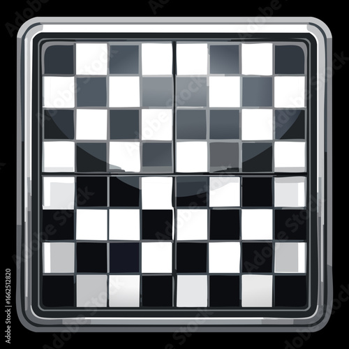 An isometric vector illustration of a shiny black and white checkerboard, a simple icon of the classic strategy game