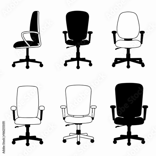 Collection of office swivel chairs in outline and silhouette styles, showing various views for furniture and workplace design.