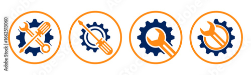 Set of repair service tools, gears, wrench and screwdriver icon vector illustration on white background. For mechanics and repairs.