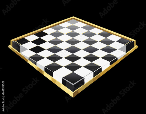 A side perspective of a shiny black and white chess board with a sleek golden frame on a dark background