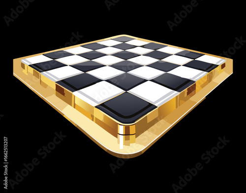 A high-angle 3D rendering of a shiny chess board with a thick golden border on a black background