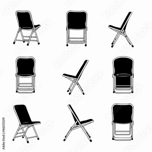 Folding Chair Vector Illustrations Set: Different Angles of Open and Closed Portable Seating.